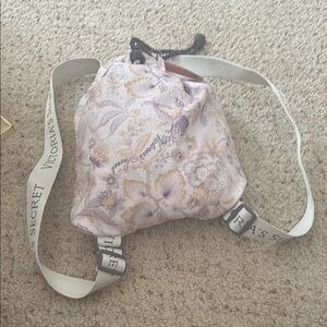 Victoria's Secret Cream and Purple Backpack with Drawstring Closure with towel